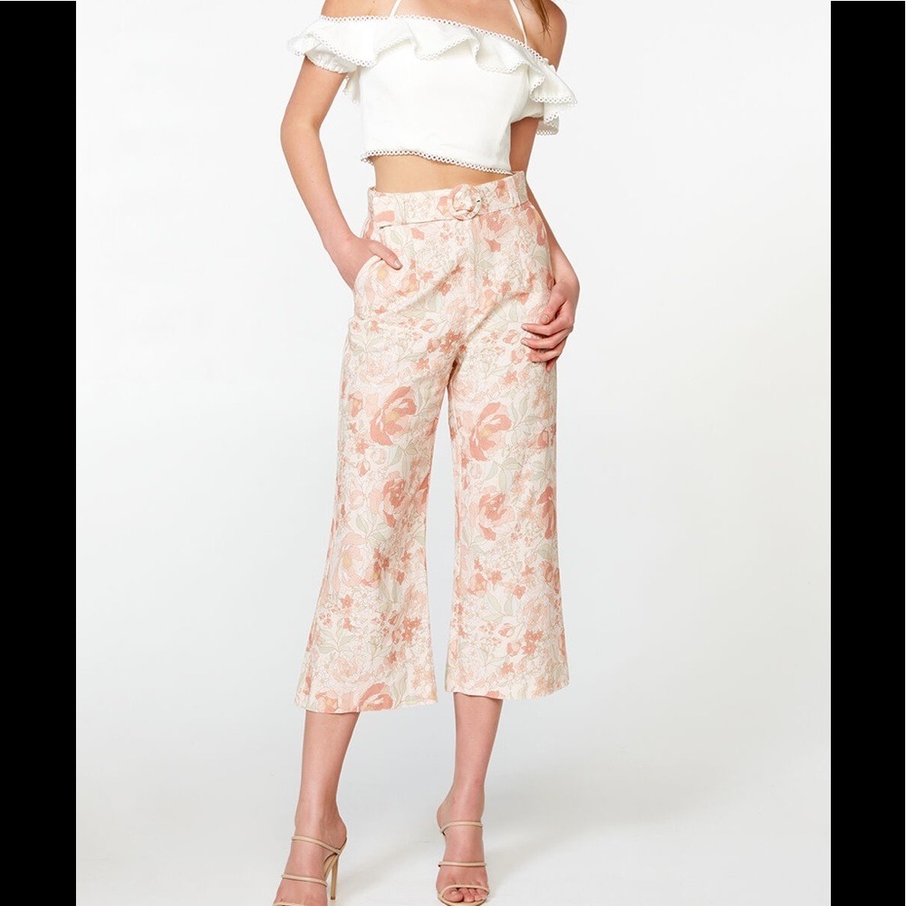 Bardot Floral Linen Belted High Rise Flare Cropped Pant Therese